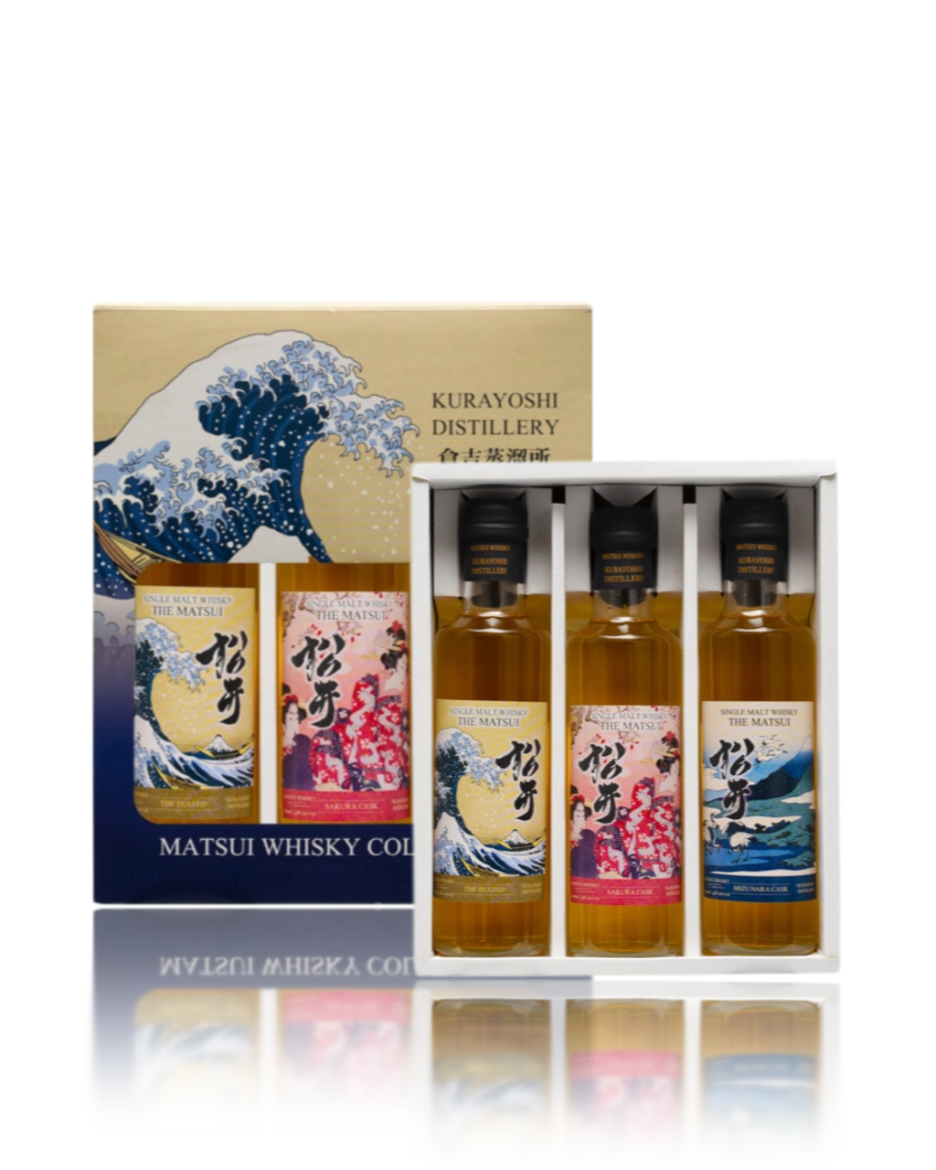 Set of Matsui Whisky bottles with decorative box featuring wave design and Kurayoshi Distillery branding.