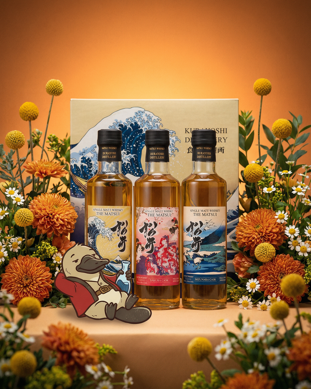 Three bottles of Kikusui Whisky with decorative packaging and flowers on a warm background