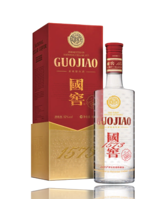 Bottle and box of Guojiao liquor on a white background