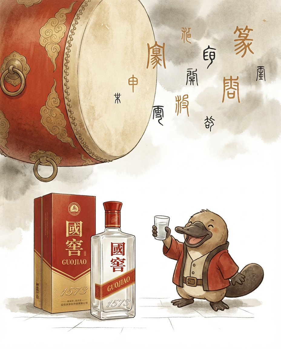 Illustration of a cartoon animal holding a glass next to a bottle and box of Guojiao liquor with a large decorative drum in the background.