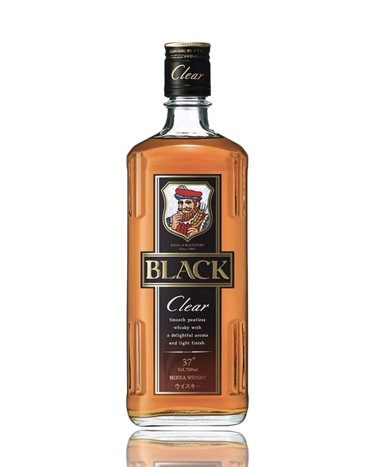 Bottle of Black Clear whiskey on a white background