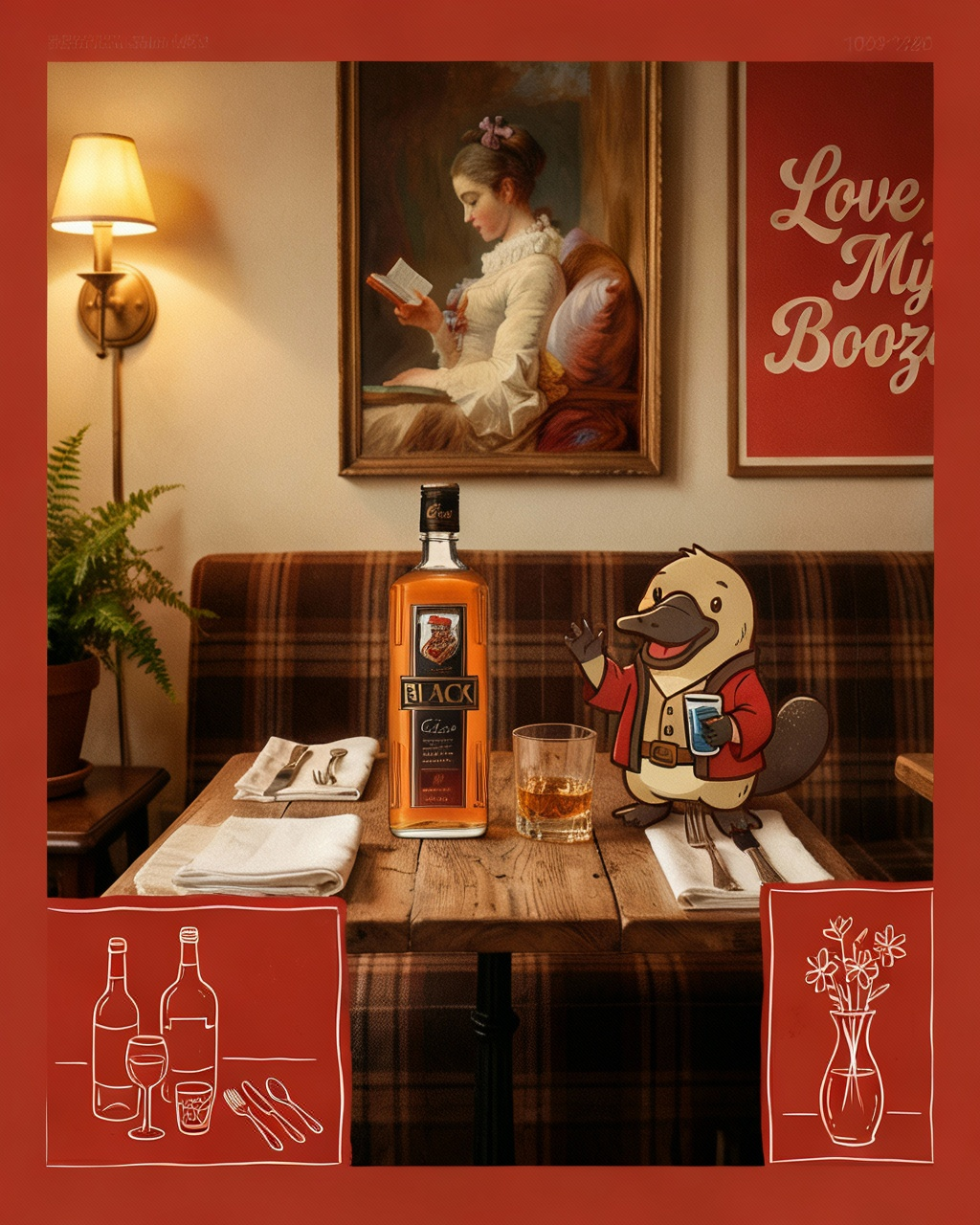 Jack Daniel's bottle on a table with a cartoon duck character, framed by decorative elements and a painting.