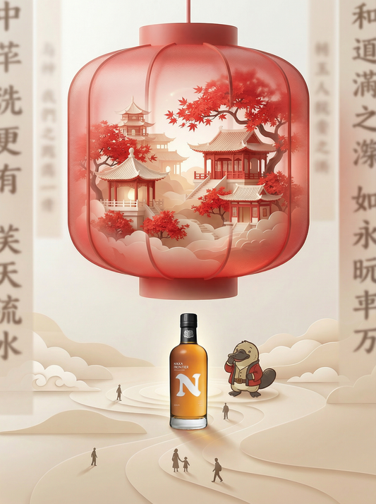 Bottle of N'extreme with a red lantern and traditional Chinese design in the background