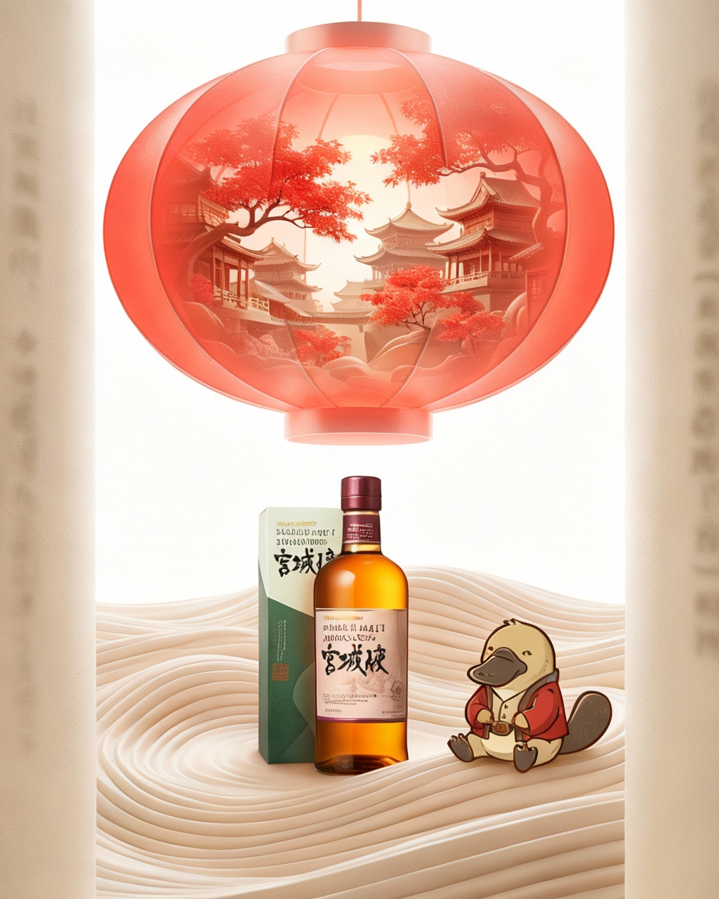 Bottle of whisky with packaging and a small figurine under a decorative red lantern with a scenic design.