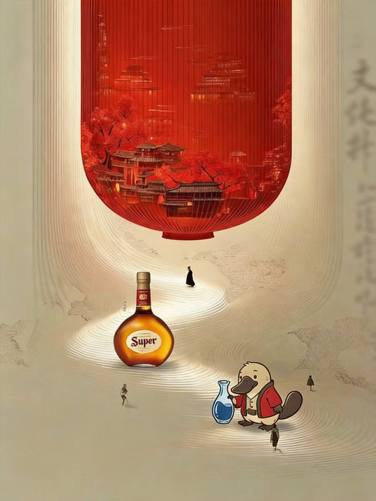 Bottle labeled 'Super' with a cartoon character in a traditional setting