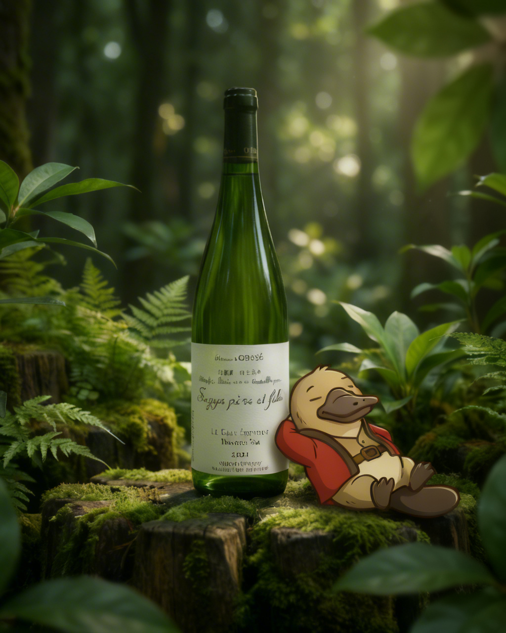 Green wine bottle with a cartoon duck character on a mossy log in a forest setting