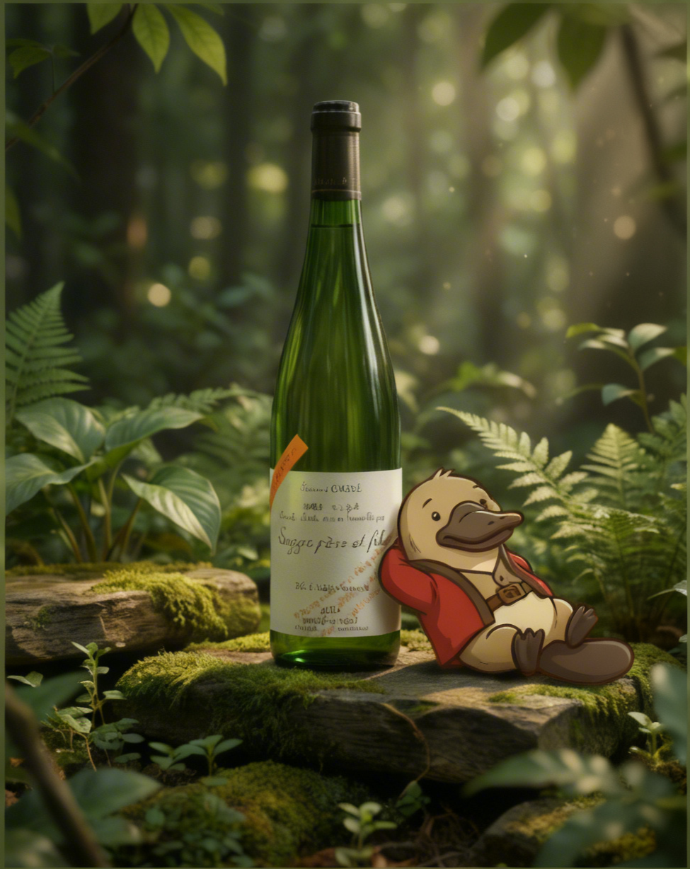 Green wine bottle with a cartoon duck character in a forest setting