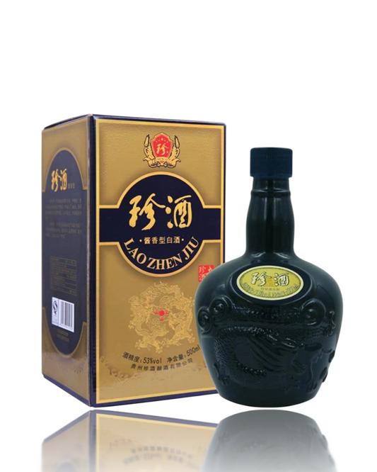 Black bottle and packaging of Laozhen Jiu on a white background
