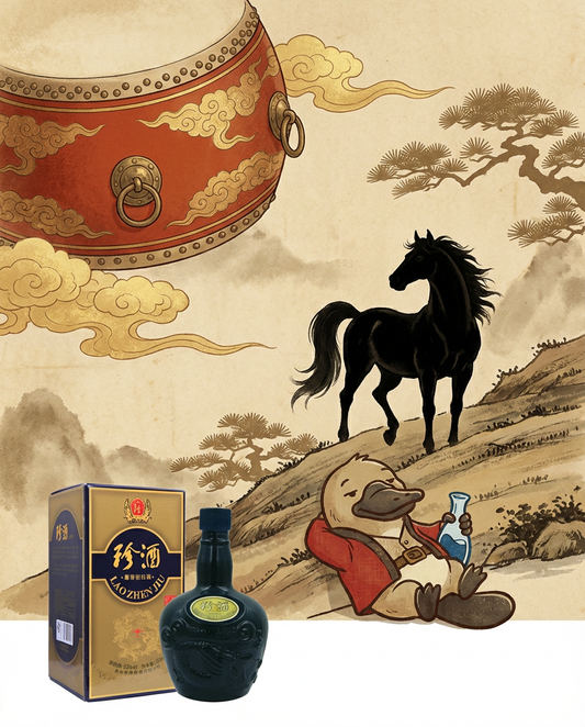 Traditional Chinese-style illustration with a horse, a duck holding a bottle, and a box on a scenic background.