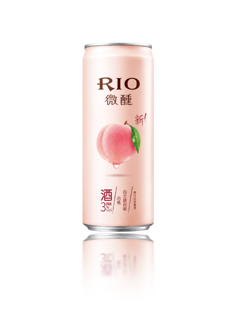 A can of RIO Peach & Brandy flavored cocktail featuring a warm pink and amber design with illustrations of fresh peaches.