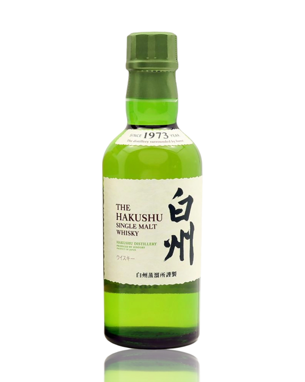 Green bottle of Hakushu Single Malt Whisky on a white background