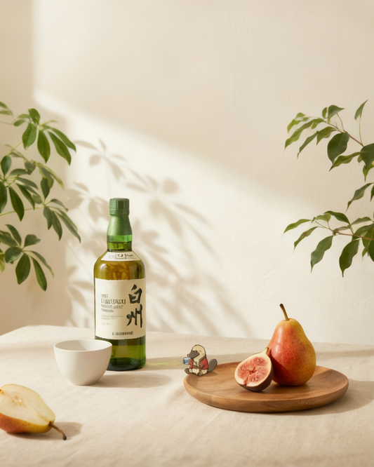 Bottle of Suntory Whisky with pears and figs on a wooden board against a neutral background