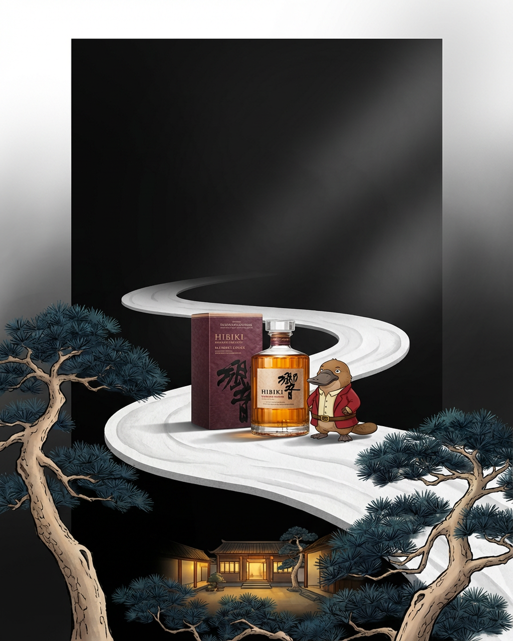 Whiskey bottle with a book and a figurine on a decorative platform with trees and a house in the background.