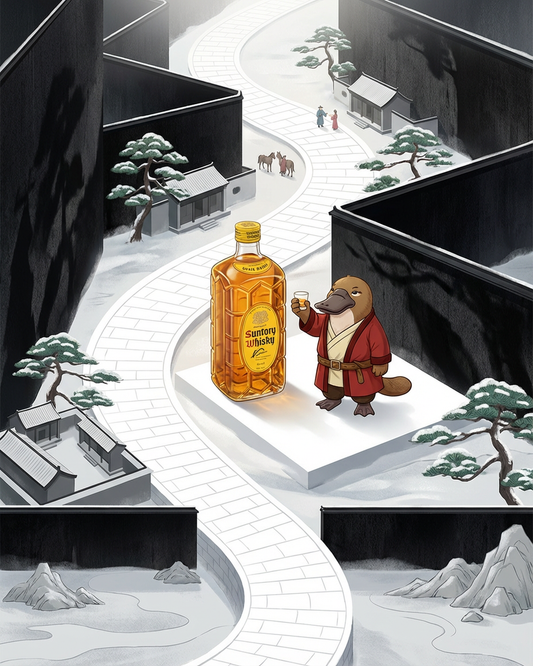 Illustration of a bear in a red robe holding a bottle of whiskey in a snowy landscape.