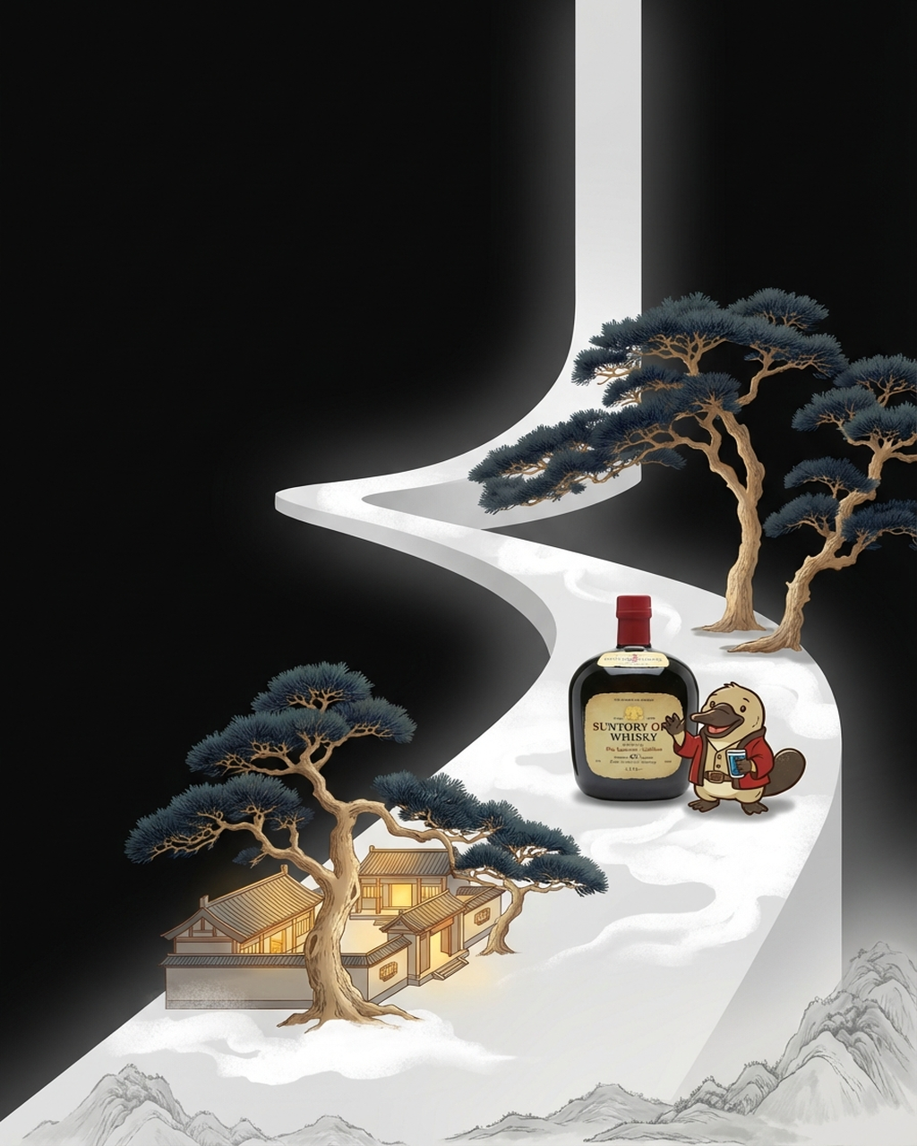 Bottle of Suntory Whisky with a small figure and decorative trees on a stylized landscape.