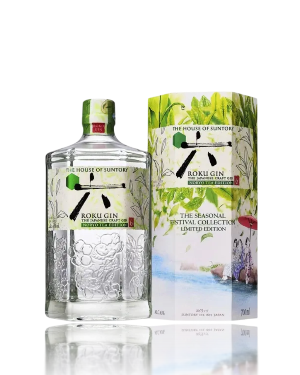 Roku Gin bottle and packaging on a white background