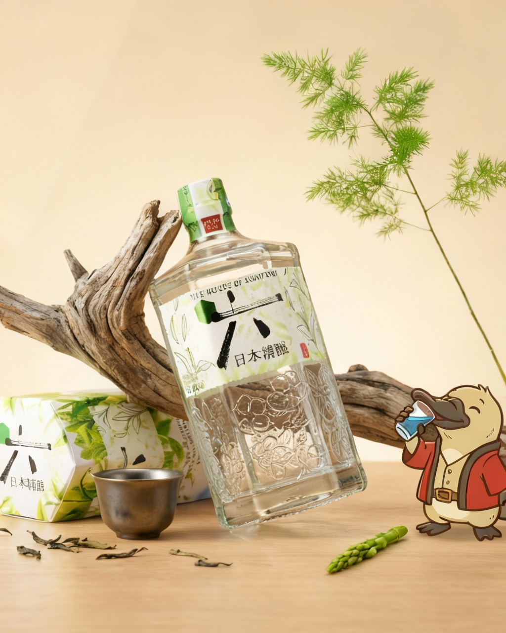 Clear bottle with green label on a wooden surface with decorative elements