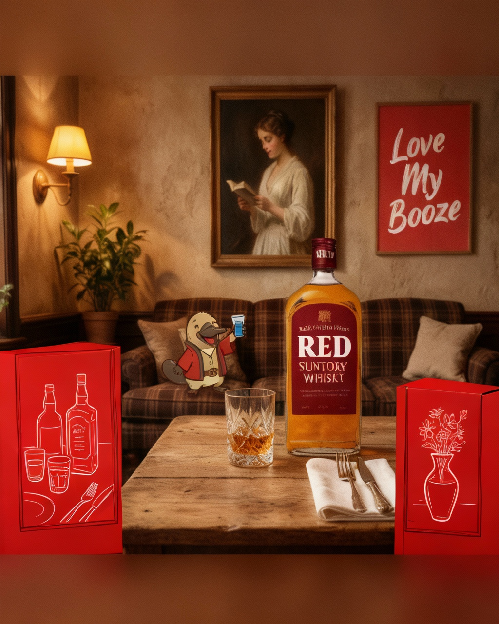 Whiskey bottle on a table with a cozy room setting, including a couch and wall art.