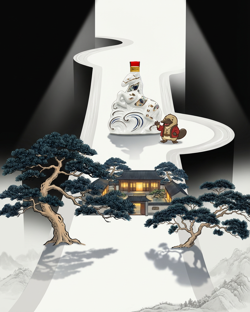 Animated character with a bottle and small animal in a scenic setting with trees and house.
