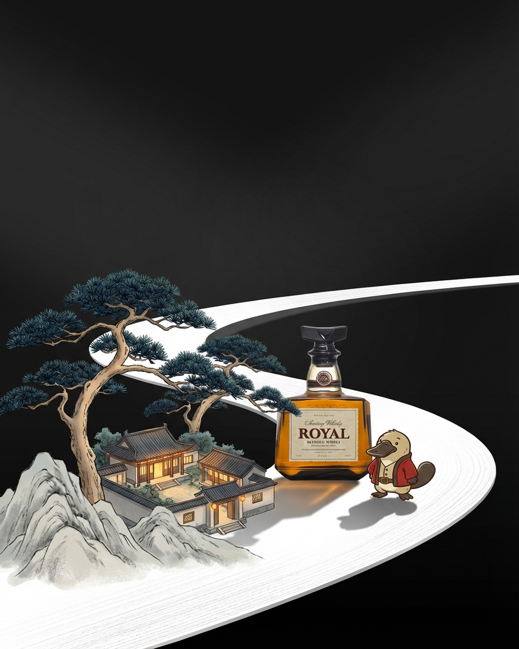 Bottle of Johnnie Walker Royal Salute whisky with a miniature landscape and figure on a black background