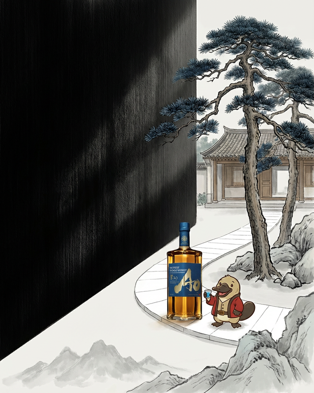 Bottle of Adnams beer with a cartoon character in a snowy landscape with traditional architecture.