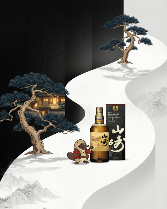 Japanese whisky bottle and packaging with a traditional Japanese scene in the background