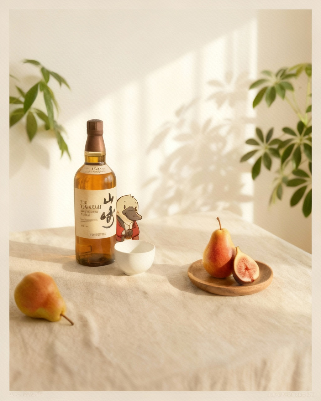 Bottle of whisky with pears and figs on a light surface with a plant in the background