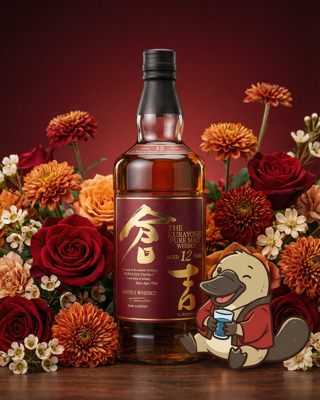 Bottle of Kurayoshi Pure Malt Whisky surrounded by flowers on a dark background