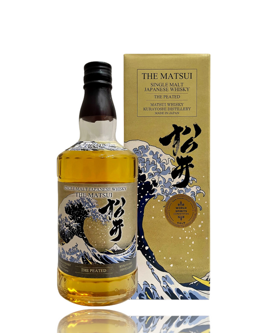 Bottle and box of The Matsui Japanese whisky on a white background