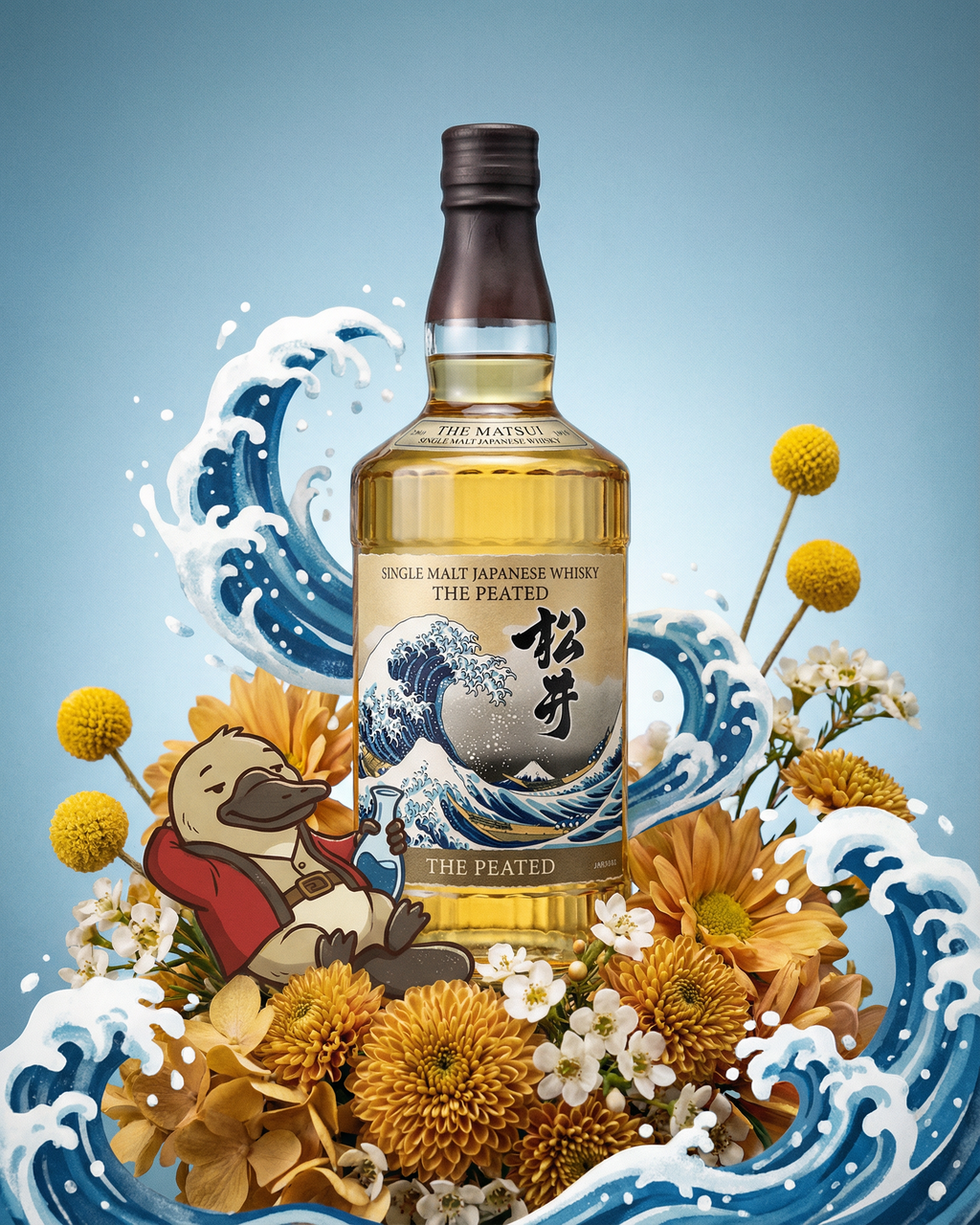 Bottle of whisky with decorative elements on a blue background