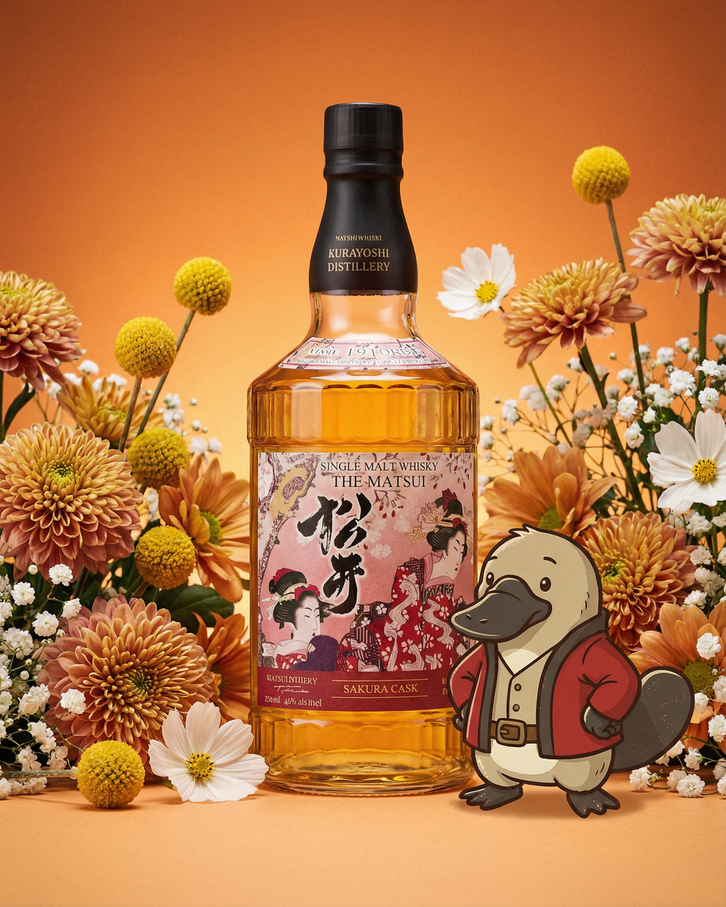 Bottle of The Matsui whisky with decorative label, surrounded by flowers and a cartoon penguin character on an orange background.