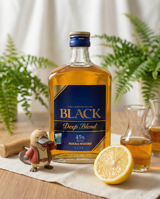 Nikka Black Deep Blend whisky bottle with a lemon and decorative figure on a wooden surface.