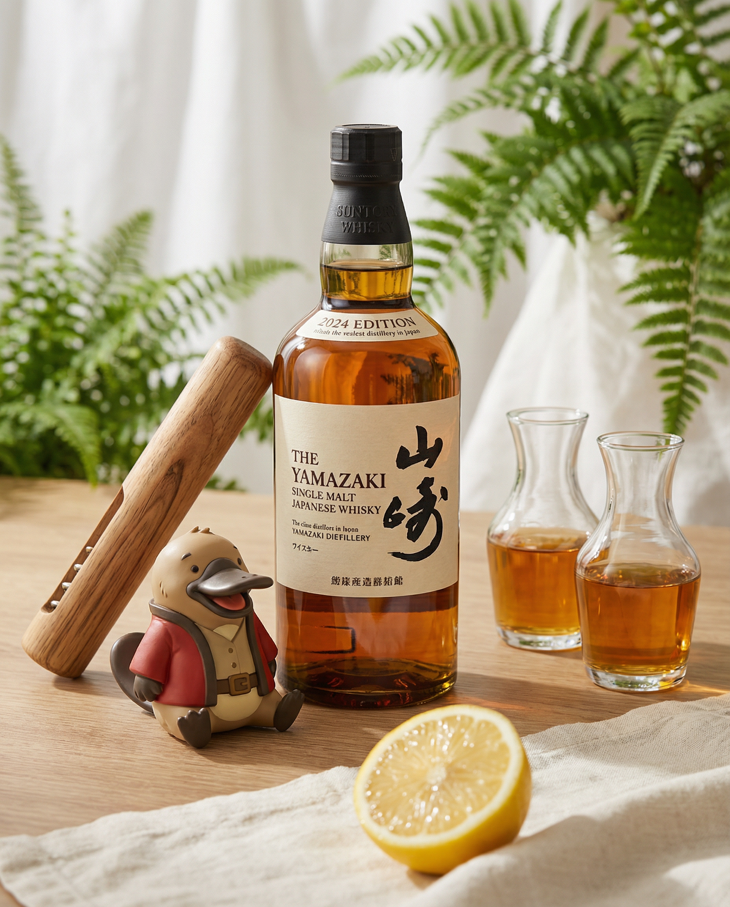 Bottle of Yamazaki whisky on a wooden table with glasses and a lemon, surrounded by plants.