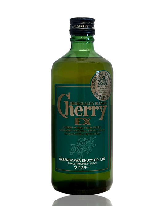 Green bottle of Cherry EX whiskey on a white background