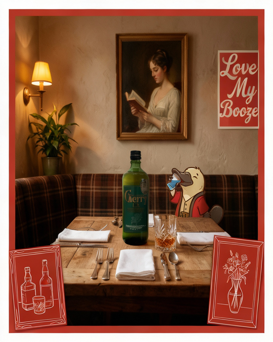 Dining table setting with a bottle of Cerrt, cutlery, and glasses in a cozy room with a painting and 'Love My Booze' sign.