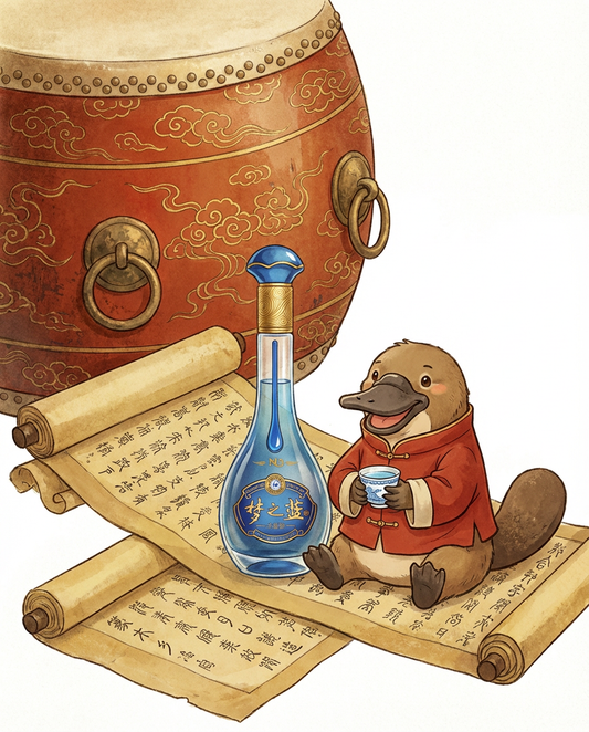 Illustration of a platypus in a red coat holding a bottle with a large drum and scrolls in the background.