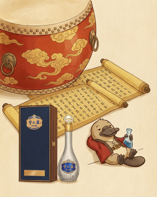 Illustration of a traditional Chinese drum, scroll, and bottle with packaging on a beige background