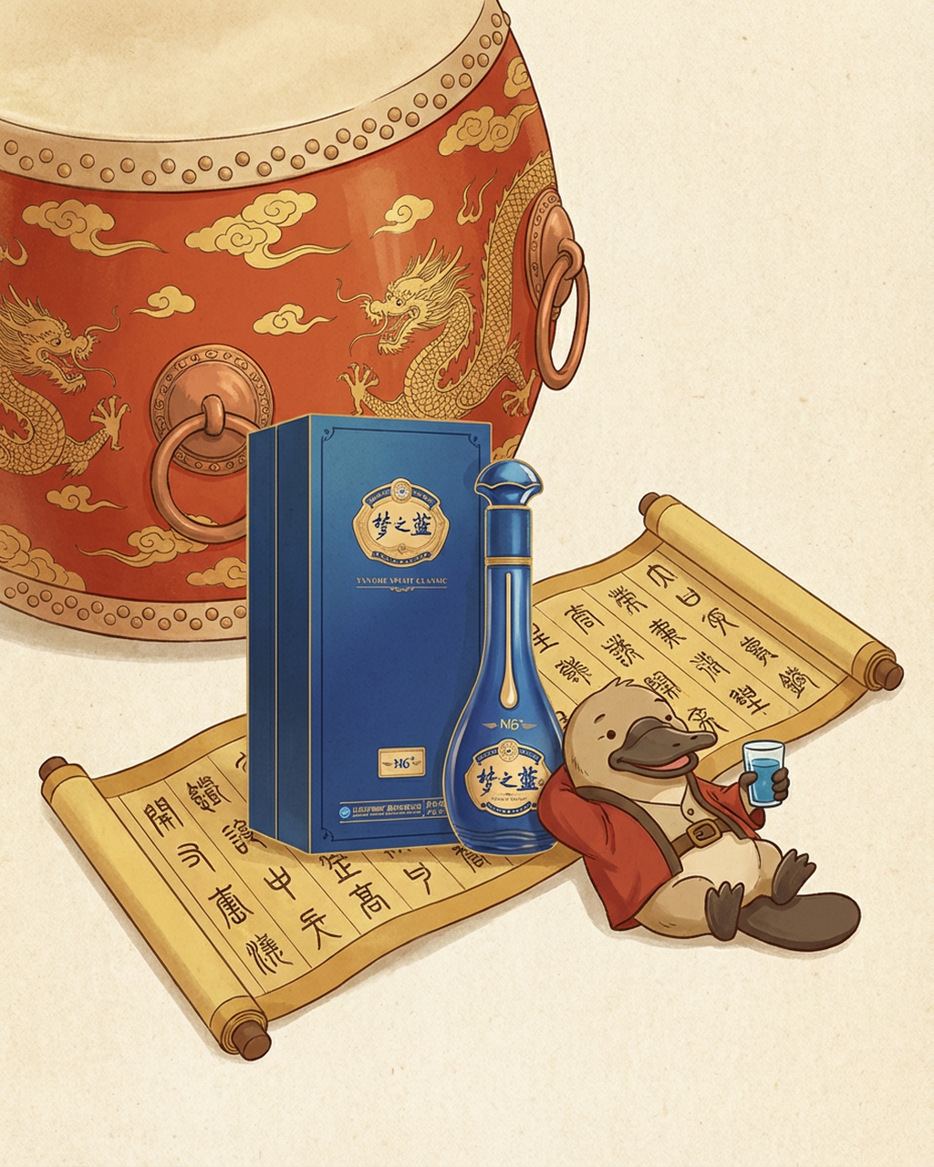 Blue bottle and box with a cartoon duck character on a beige background