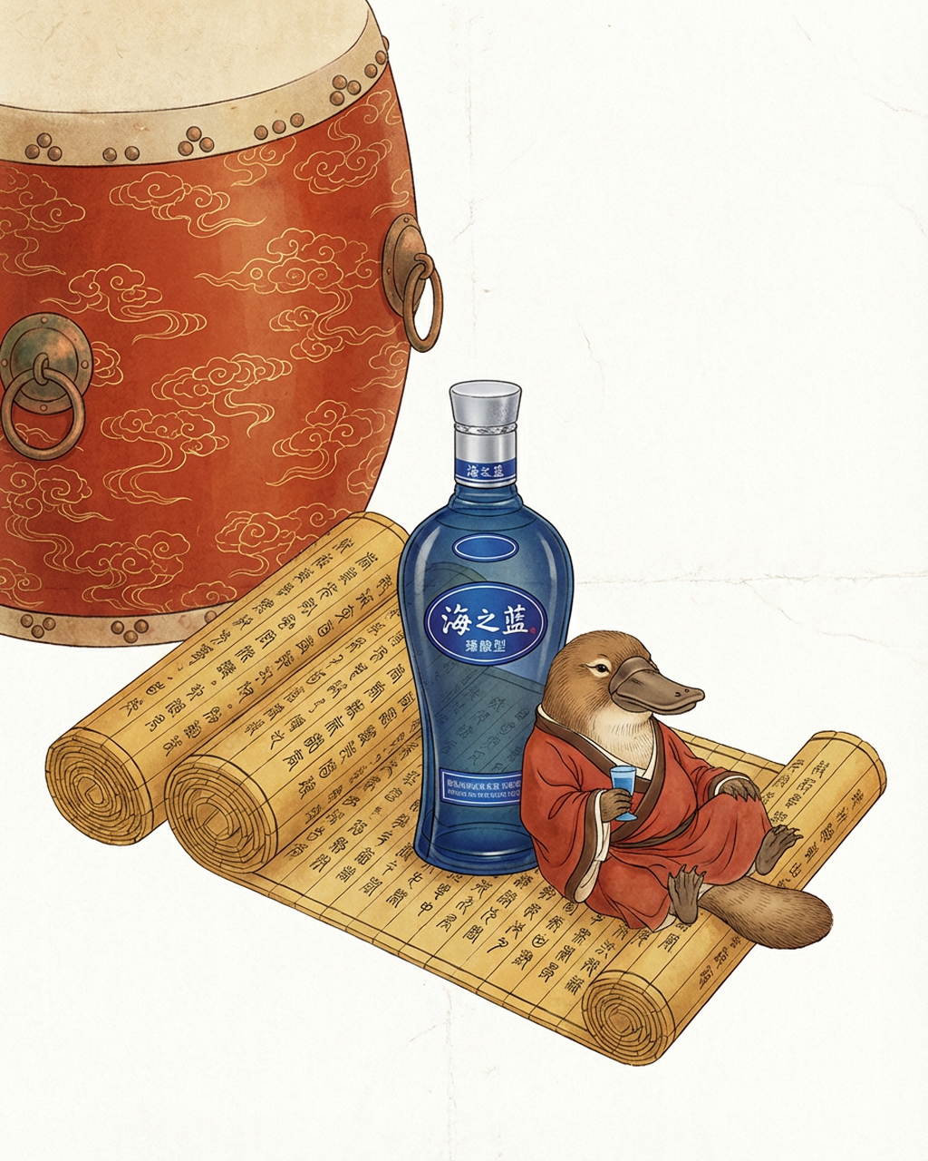 Blue bottle with a label, a scroll, and a cartoon duck in traditional attire on a white background