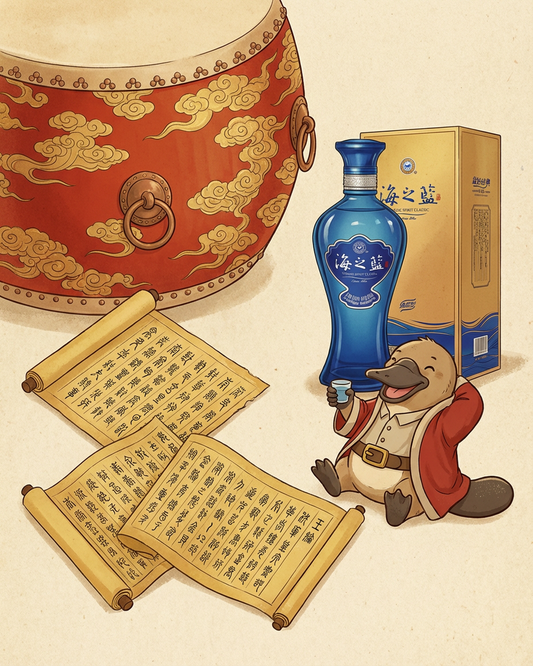 Blue bottle with gold packaging, scrolls, and cartoon character on a beige background