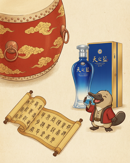 Illustration of a bottle of 'Tian Zhi Lan' liquor with packaging, a scroll, and a cartoon animal holding a glass.