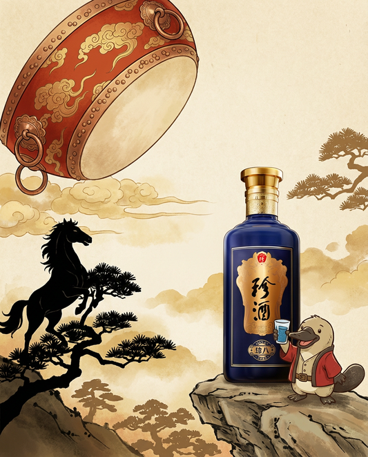 Bottle of traditional Chinese liquor with decorative elements and a mythical creature in the background