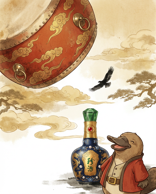 Decorative bottle with traditional design, large round object, and bird in a scenic background