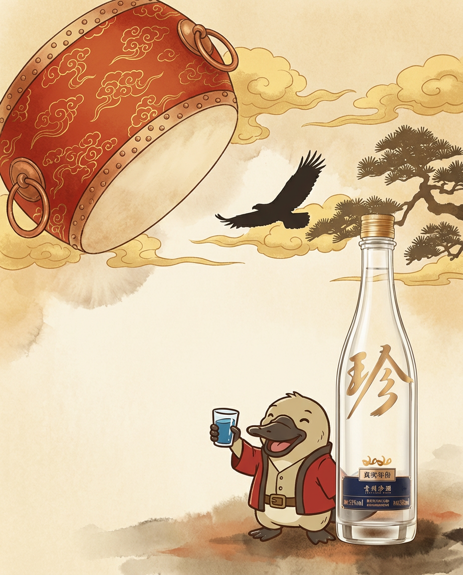 Illustration of a bottle with a gold cap, a character holding a glass, and an eagle flying in the sky.