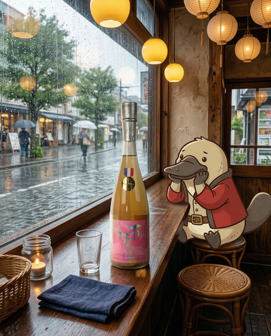 Conceptual lifestyle photography of Loboz the platypus in a rainy day cafe setting with Afuri Kimoto Ohana sake on the table, showcasing a sophisticated and healing brand vibe for Love My Booze.