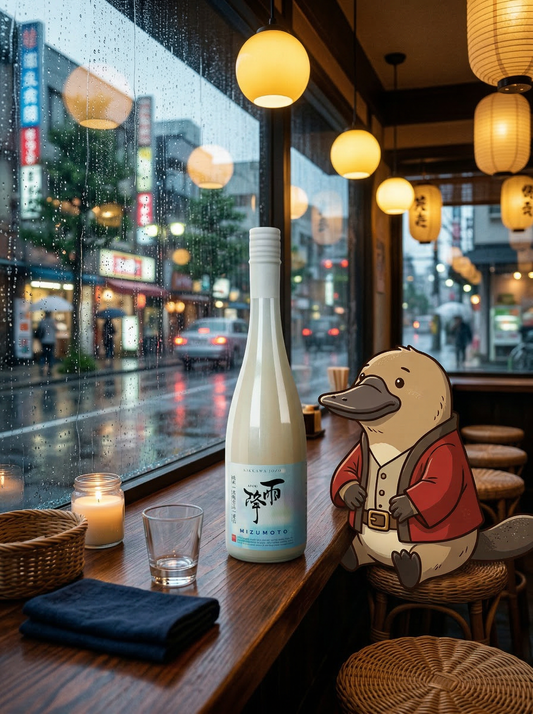 Enchanting conceptual photography featuring Loboz the platypus sitting in a cozy cafe, watching the rain outside with a bottle of Afuri Mizumoto on the table, blending emotional Japanese aesthetics with Love My Booze brand identity.