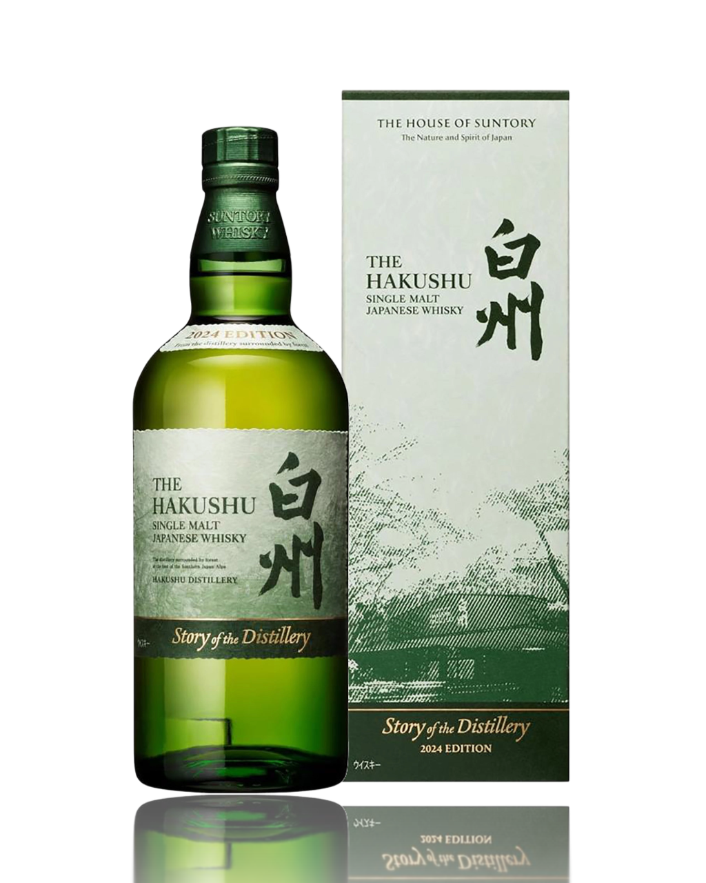 Green bottle and box of Hakushu Hakushu Story of the Distillery 2024 Edition Japanese Single Malt Whisky bottle and box - Available at Love My Booze Australia.白州2024