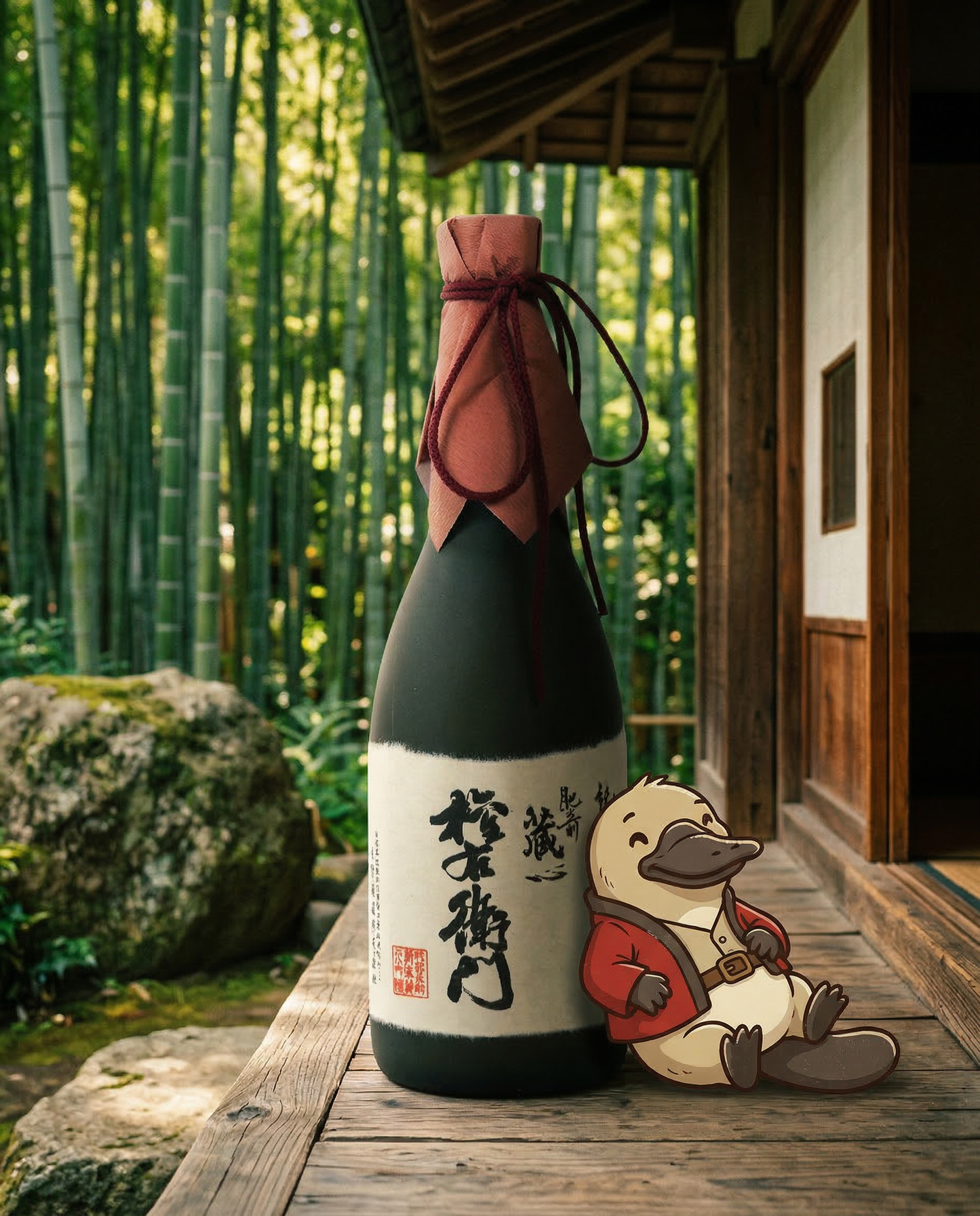Enchanting conceptual photography featuring Loboz the platypus sitting with dignity in front of a traditional Showa era Japanese garden, with a bottle of Hizenkuragokoro Gonemon, blending nostalgic heritage with Love My Booze brand identity.