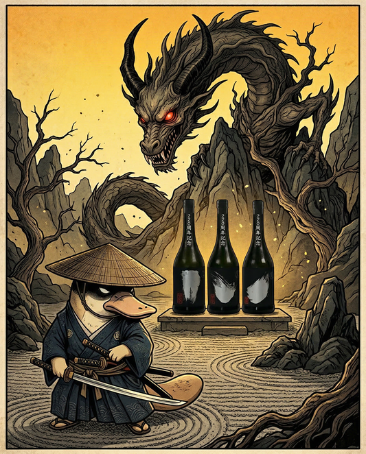 Special Ukiyo-e style artwork celebrating 220 years of Kokuryu, featuring Loboz the platypus with the commemorative sake set, exclusive branding for Love My Booze