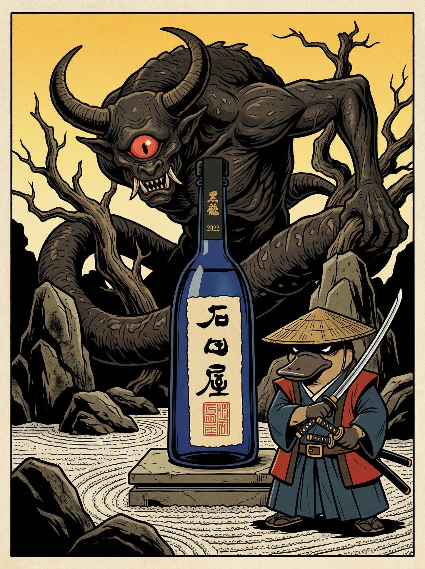 Ukiyo-e style illustration of Loboz the platypus with a bottle of Kokuryu Ishidaya, blending Japanese traditional art with Love My Booze brand identity for luxury sake collectors.